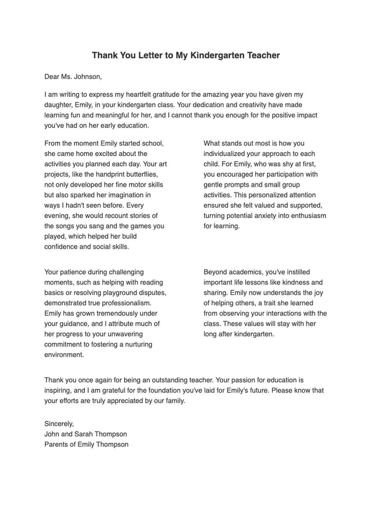 Kindergarten teacher appreciation letter with personal message and summer wishes_variant_3